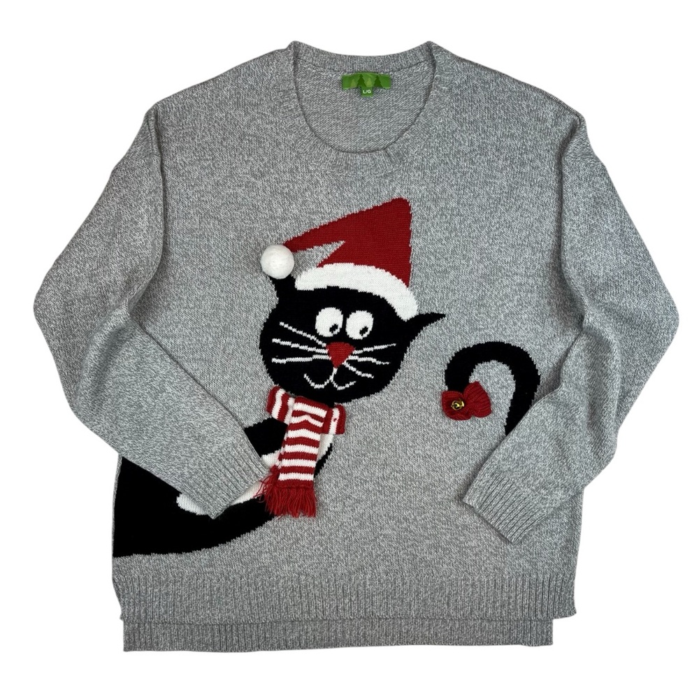 Christmas Sweater in Gray with Festive Cat Design, Size Large